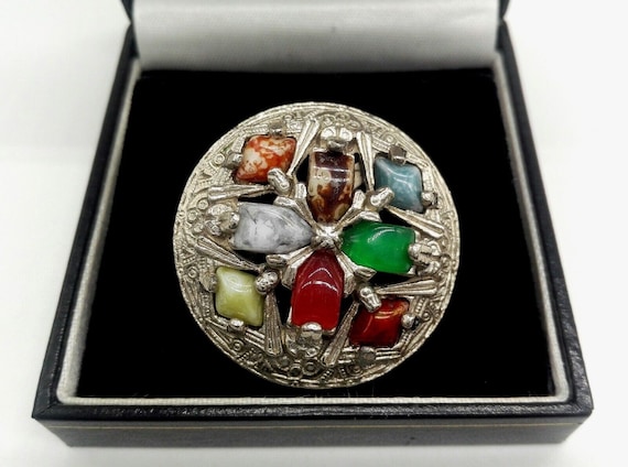 Vintage Celtic Shield Brooch Pin Glass Agate Set Silvered Pewter Unisex