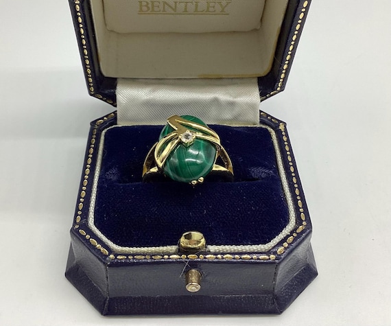 Vermeil Gold Wrapped Malachite Ring: Sterling Silver Band, Faux Diamond Accent