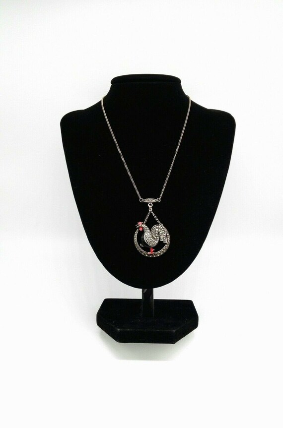 Art Deco Silver Marcasite and Enamel Large Chicken Pendant French Hen