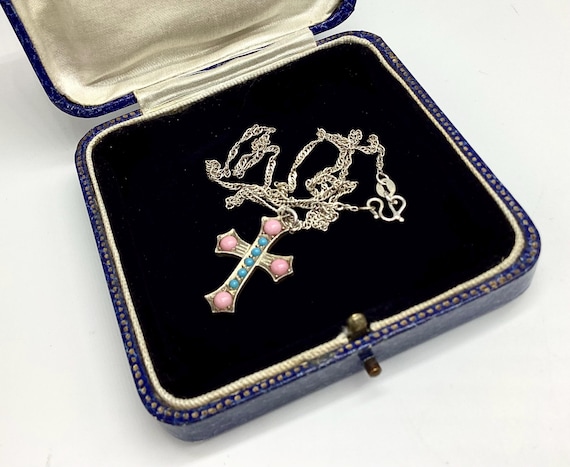Coral and Turquoise Victorian Antique Cross Crucifix Chain Solid Sterling Silver Christening Communion Baby Shower