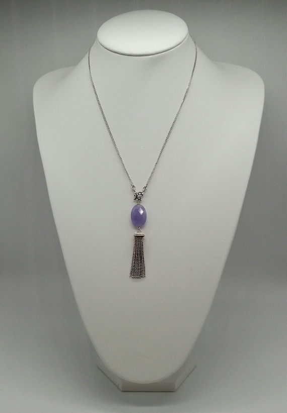 Lavender Jade and Sterling Silver Pendant with Chinese Characters of Love and Tassels   and Double Chain March Birthstone 12th Anniversary