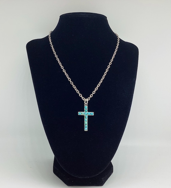 Turquoise Silver Cross Crucifix and Chain Solid Sterling Vintage