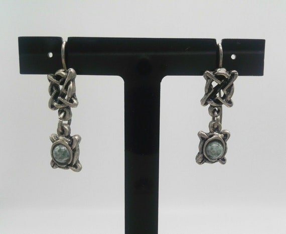 Vintage Turquoise Glass and Pewter Celtic Knot Dainty Dangle Drop Hook Earrings