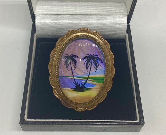 TLM Thomas L Mott Early Butterfly Wing Brooch Tropical Scene C1920 Signed Antique