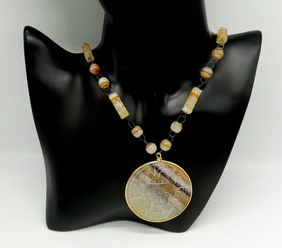 Vintage Ethnic Striped Agate Bead Chain and Engraved Goddess Pendant Festival Jewellery