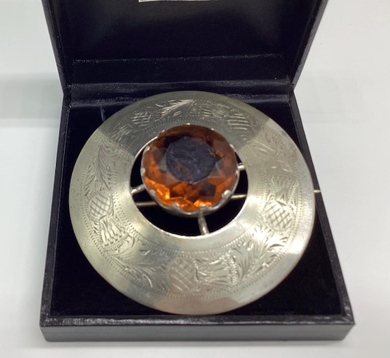 Very Large Brooch Tartan Pin Celtic Scottish EPNS Silver Stunning Imperial Topaz Glass Thistle Shield 3 inch November Birthday