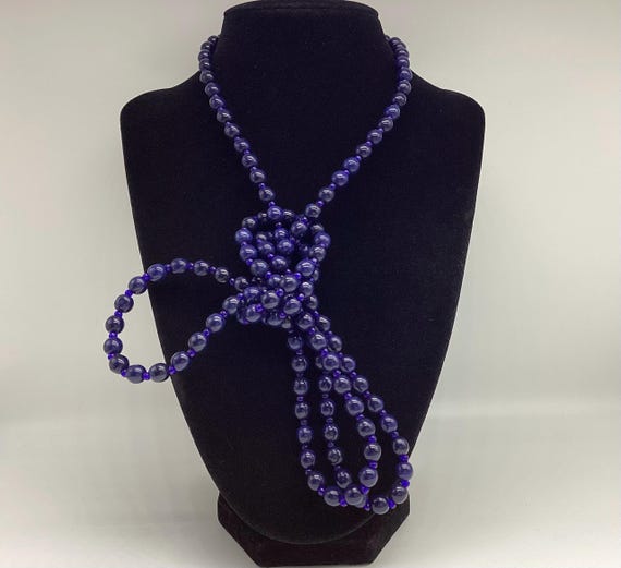 Vintage Navy Blue Glass Bead Necklace 49 Inches Flapper Length Double Loop