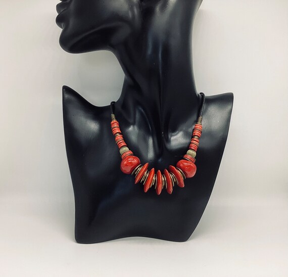 Ethnic Necklace Choker Lipstick Red Ceramic Brass Leather Beads Vintage Hippy Festival