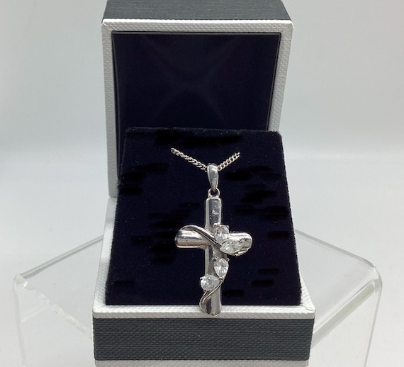 Solid Silver and Crystal Set Crucifix Engraved FAITH HOPE LOVE Cross & Chain  Vintage Religious Jewellery