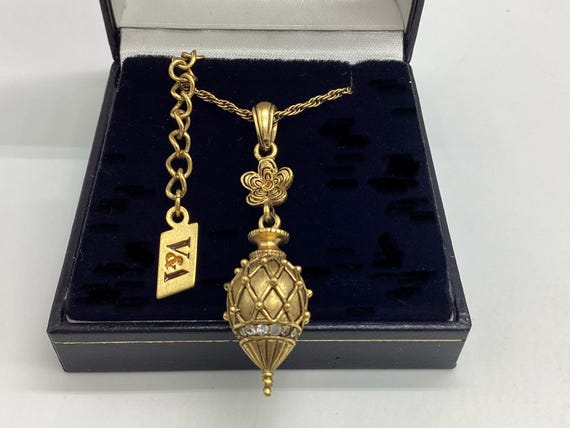 Vintage V&A Museum Collection Egg Pendant Necklace Castellani Style Gold Tone with Crystal