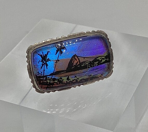 Butterfly Wing Brooch Solid 900 Silver Beach Scene Crystal 50's Jewellery Morpho