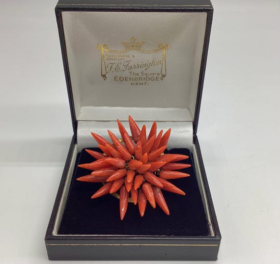 Red Mediterranean Coral Brooch Rare Victorian Spiked Flower Large 2 Inches