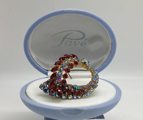 Vintage 1950's Aurora and Ruby Red Crystal Large Asymmetrical Heart Brooch Pin