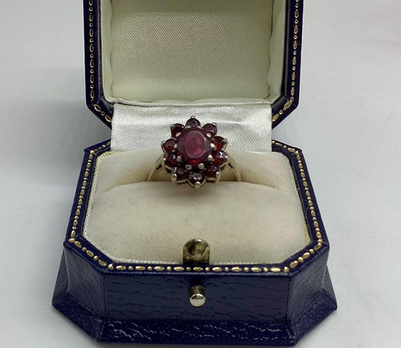 Garnet Cluster Ring Vintage Flower Setting in Sterling Silver January Birthday