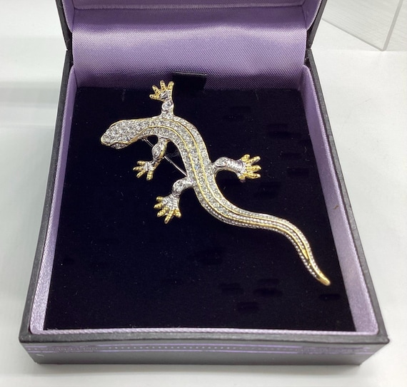 1980's Brooch Gold and Silver Crystal Studded Slinky Long Lizard Vintage