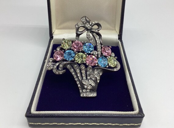 Huge Crystal Brooch Fabulous Vintage Flower Basket Coloured Crystal 1980s