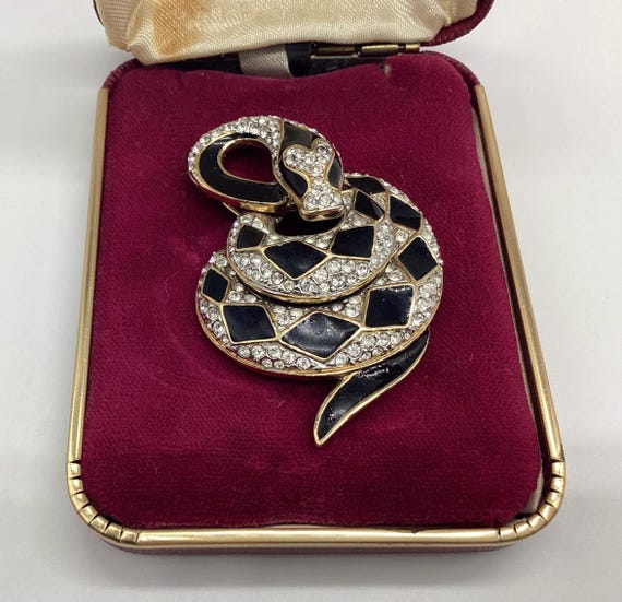 Attwood and Sawyer Snake Brooch Boxed 22ct Gold Plated Black Enamel Swarovski Crystal n 1970s Vintage Designer Signed Year of the Snake