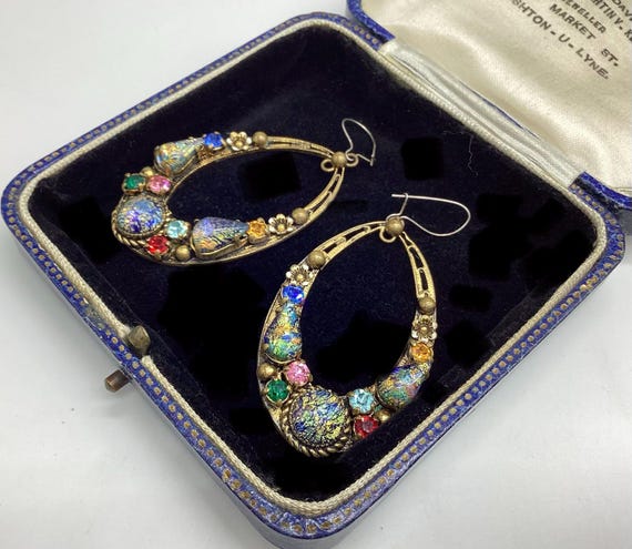 Czech Glass Dragons Breath and Filigree Long Drop Hoop Earrings