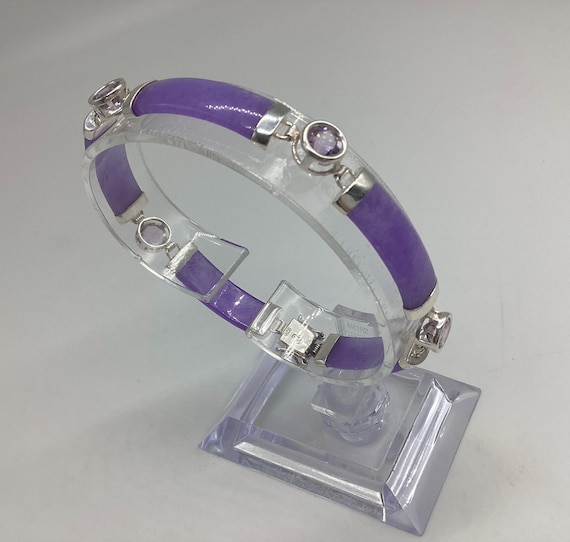 Lavender Jade and Amethyst Silver Panel Bracelet Chinese Character Clasp February Birthday