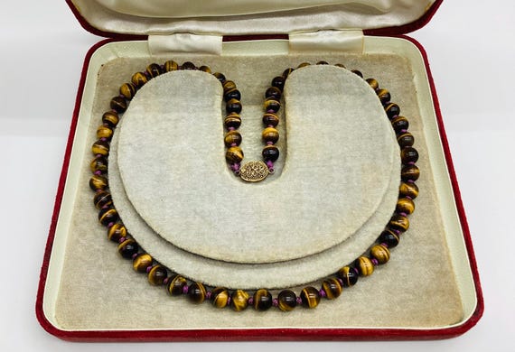 Tiger's Eye Vintage Chinese Natural Gemstone Bead Necklace 925 Silver Clasp