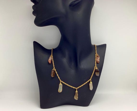 Dainty Polished Agate Drop Necklace Bib Style Vintage Art Deco Revival Style Princess Length