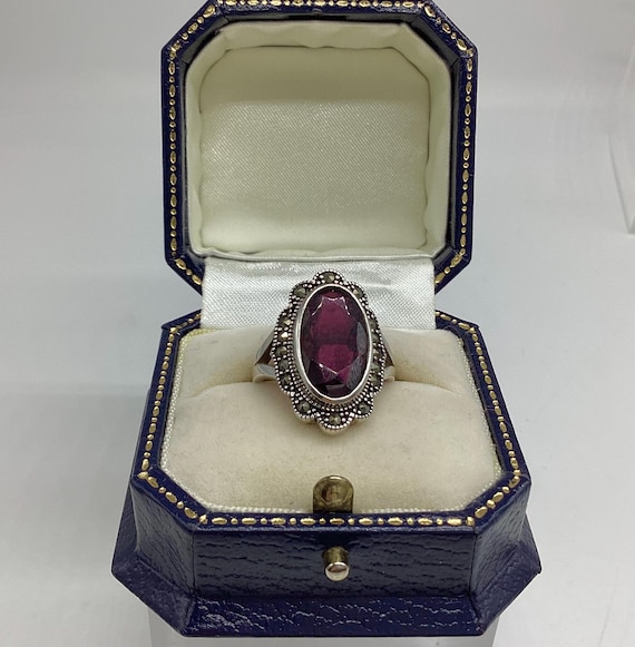 Large Edwardian Paste Deep Purple and Marcasite Solid Silver Ring