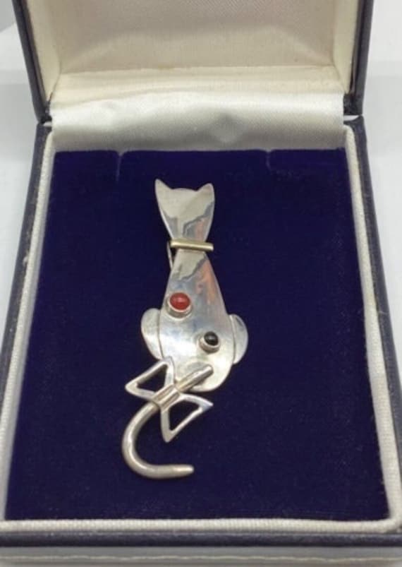 Mexican 925 Solid Silver Cat Brooch Gem Set Wagging Tail Designer Signed Unisex Dated