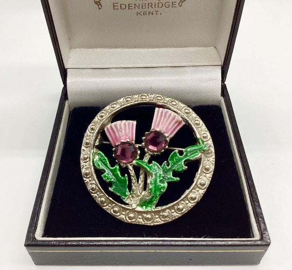 Celtic Thistle Marcasite Crystal Amethyst Circlet Brooch Signed Hollywood 1950's Scottish