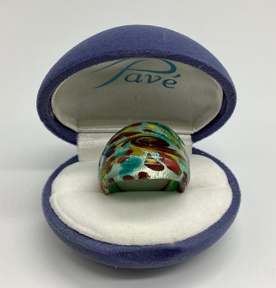 Silvered Green Multicolor Vintage Glass Domed Ring Size UK P Size US 7 1/2