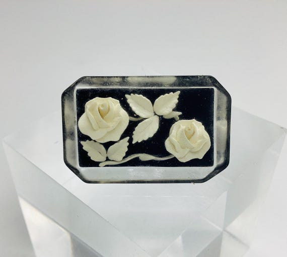 Reverse Carved White and Black Rose Brooch Early Vintage Lucite Plastic C1940s