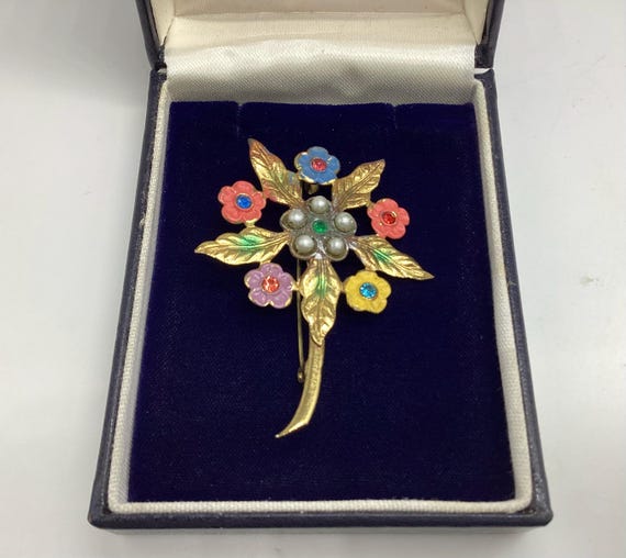Fabulous Large Czech Glass and Enamel Single Flower Brooch