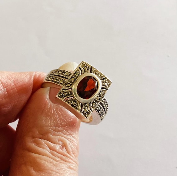 Art Deco Garnet Marcasite Ring, 925 Sterling Silver, UK Size O