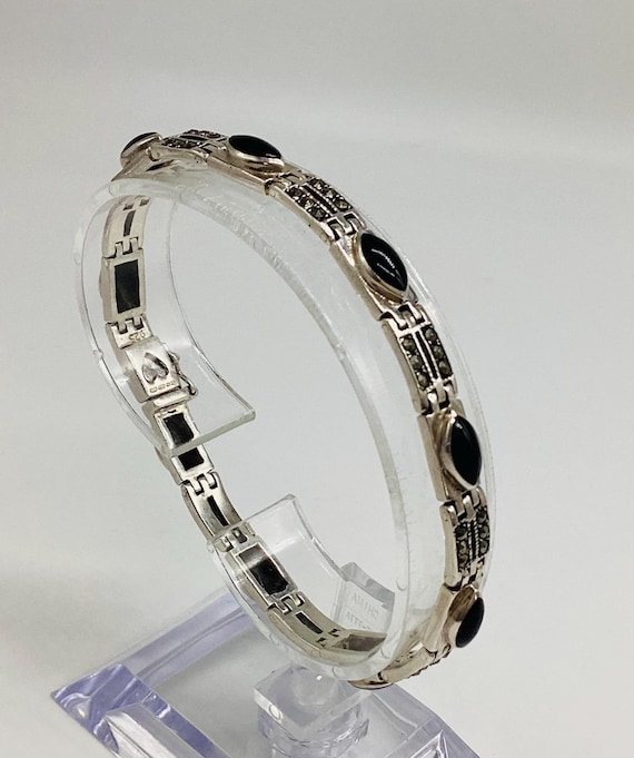 Art Deco Revival Silver Marcasite Onyx Bracelet Beautiful Quality and Condition Birthday Anniversary Gift