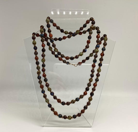 Polished Speckled Glass Agate Necklace Dainty Round Beads Flapper Length 49 inches with Brass Bead Spacer