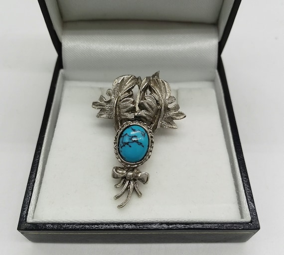 Vintage Czech Glass Brooch Faux Turquoise Set in Pewter Floral Spray and Bow Brooch