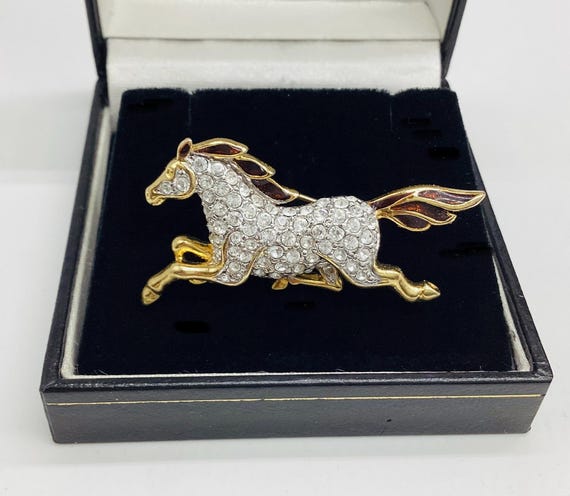 Rare Attwood and Sawyer Galloping Horse 22ct Gold Plated Brooch Vintage Horse Lover Swarovski Crystal Set