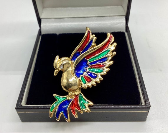 Vintage Brooch Fabulous Flying Parakeet Gold Red Blue Bird Lover Unisex Retro Unisex