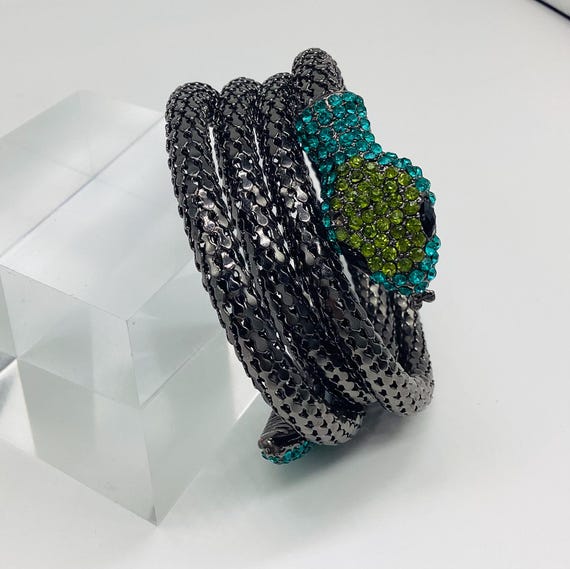 Rare Snake Bangle Mesh Silver Grey Four Coil  Crystal Studded Head and Tail Vintage 1960's Year of the Snake