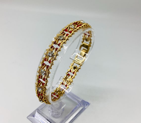 18KT Gold Plated Linked Chain Bracelet Red Beads Clear Crystals