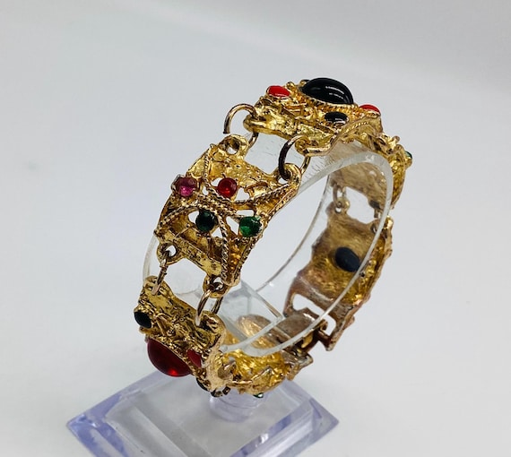 Vintage Colourful Crystal and Enamel Gold Tone Elaborate Panel Bracelet 1980s Glamour