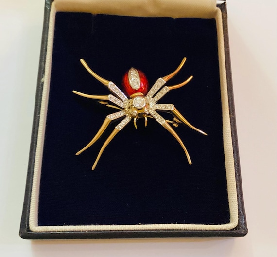 Vintage 1980's Large Crystal and Red Enamel Gold Tone Spider