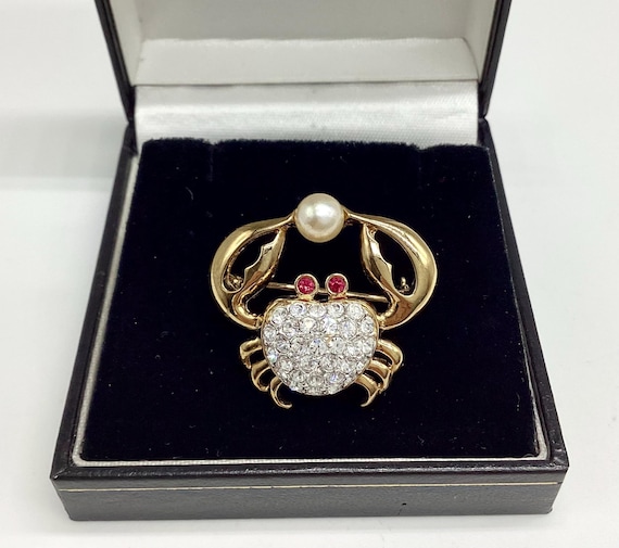 Attwood and Sawyer Rare Crab Brooch with Pearl Swarovski Crystal Ruby Eyes Signed  Cancerian Birthday