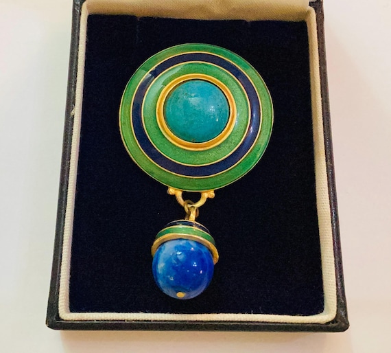 Vintage Leslie Block Signed Enamel Statement Brooch Gold Tone Cabochon Drop