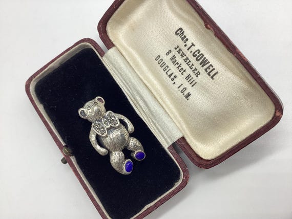 Dainty 925 Silver Teddy Bear Brooch: Marcasite Bow, Lapis Lazuli Detail