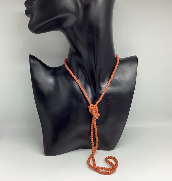 Coral Necklace Single Strand Flapper Length 32 inch Small Natural Salmon Beads Antique Great Gatsby.