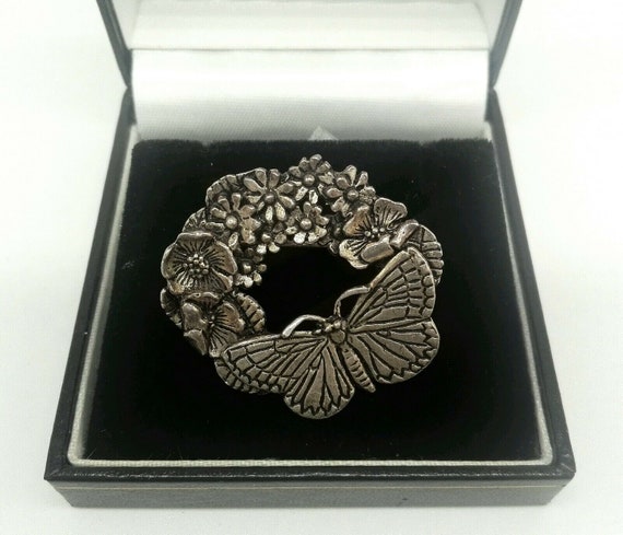 Pretty Pewter Silver Plated Pin Brooch Butterfly and Flowers Silver Scene  Signed MASJ 88 Vintage Jewellery