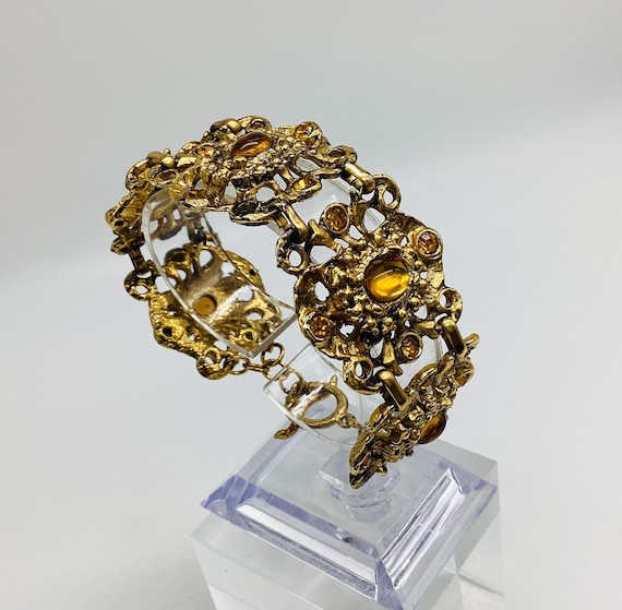 Vintage Crystal Topaz Set Gold Tone Panel Bracelet 1980s Glamour