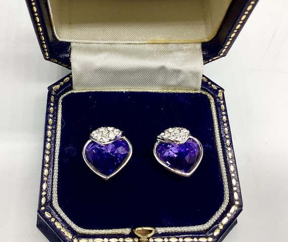 Swarovski Earrings Lavender Faceted Crystal Vintage Hearts Swan Signed Rhodium Plated Butterfly Backs Swan Signed