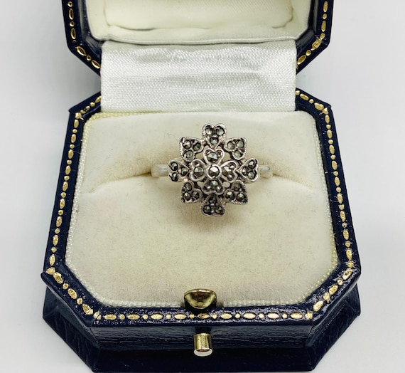 Solid Hallmarked Silver Marcasite Ring Victorian Revival Vintage Flower and Heart Setting Size P 1/2