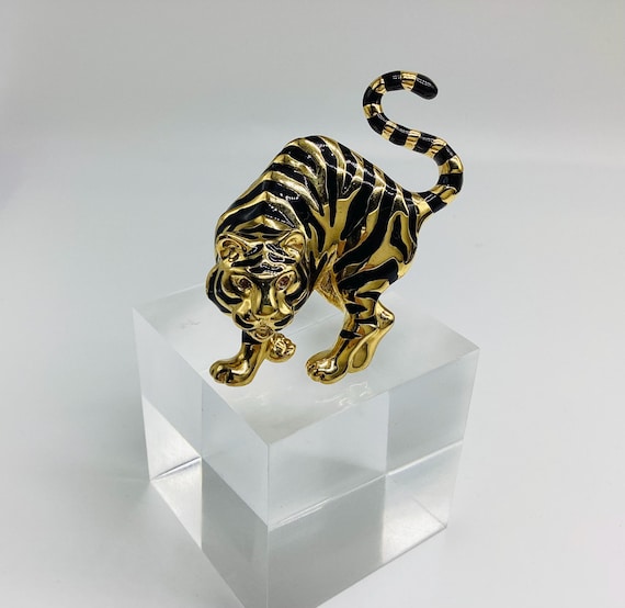 Vintage 1980's Gold and Crystal Large Tiger Brooch with Jewel Eyes Duchess of Windsor Style Jewellery